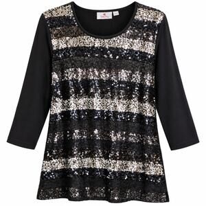 Quacker Factory Sequin Lace Stripe Top Black Silver 3/4 Sleeve Large